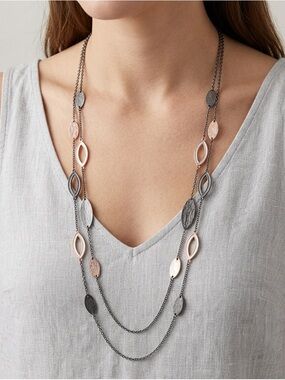 Mixed Metal Station Necklace | Gunmetal Copper Charm Long Chain
